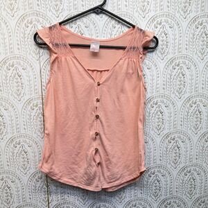 No Boundaries Lace Button Front Top Womens Small Peach Ruffle Cap Sleeve Blouse
